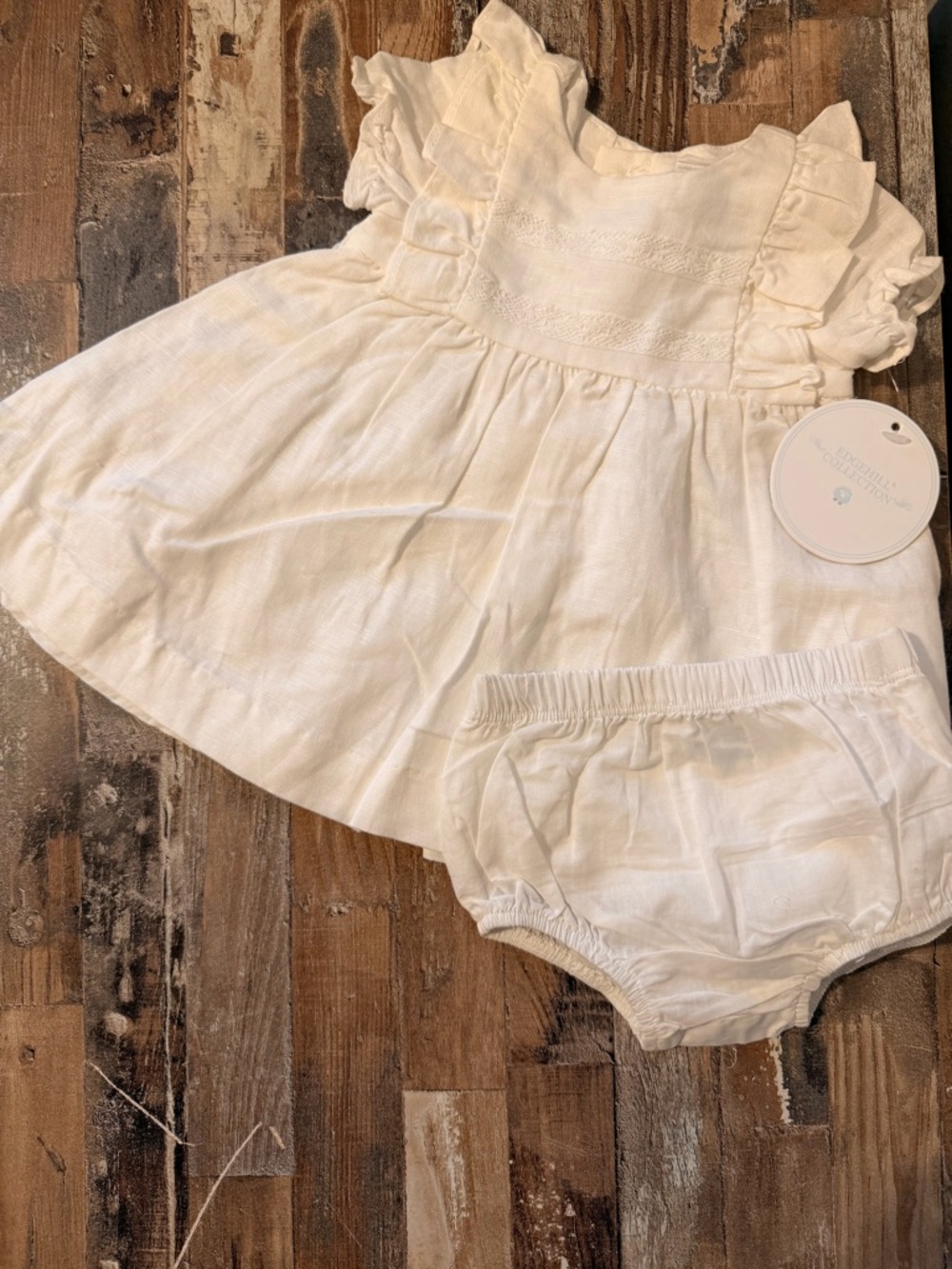 Edgehill Collection linen cream Ruffle Dress with Matching Diaper Cover